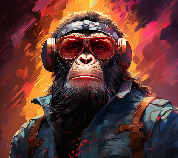 Pittura di una scimmia che indossa cuffie e una giacca generativa ai