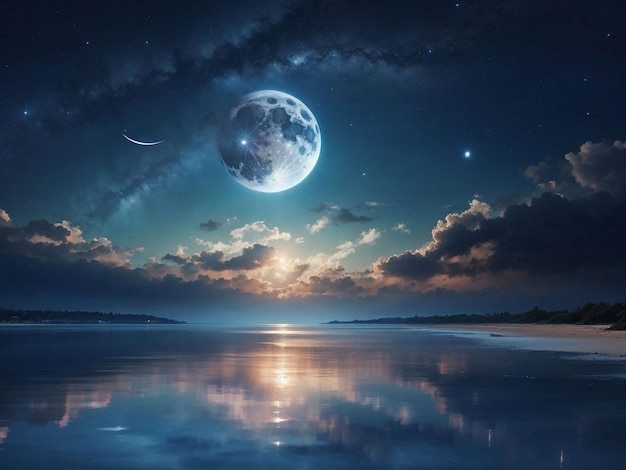 Pittura di una spiaggia di notte con una luna piena generativa ai
