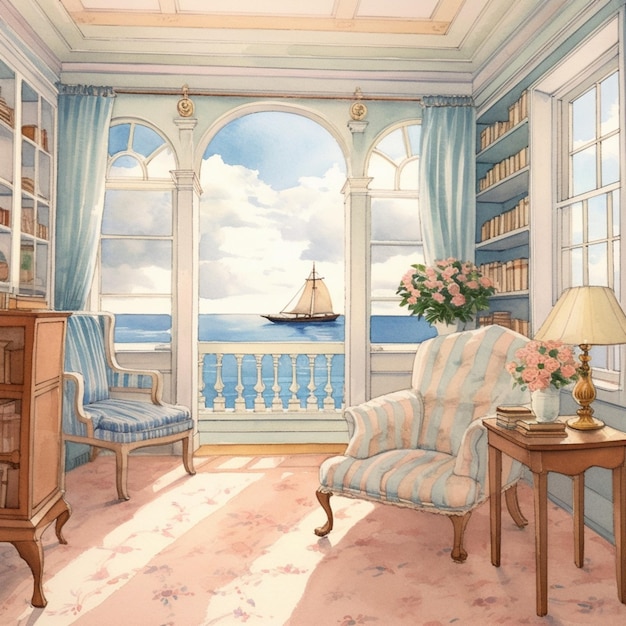 pittura di una stanza con vista sull'oceano e una barca a vela generativa ai