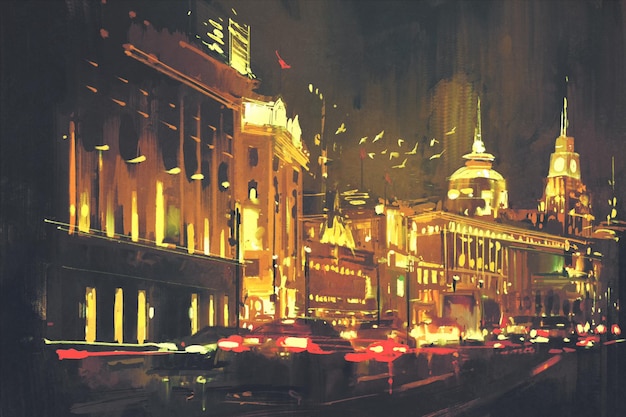 pittura di una strada cittadina con luci colorate,Shanghai The Bund di notte