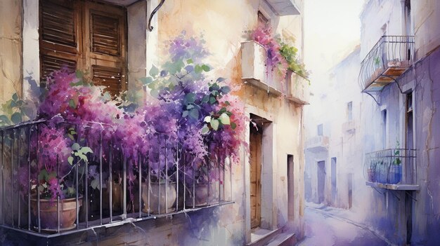 pittura di una strada con un balcone e un balcone con fiori generativo ai