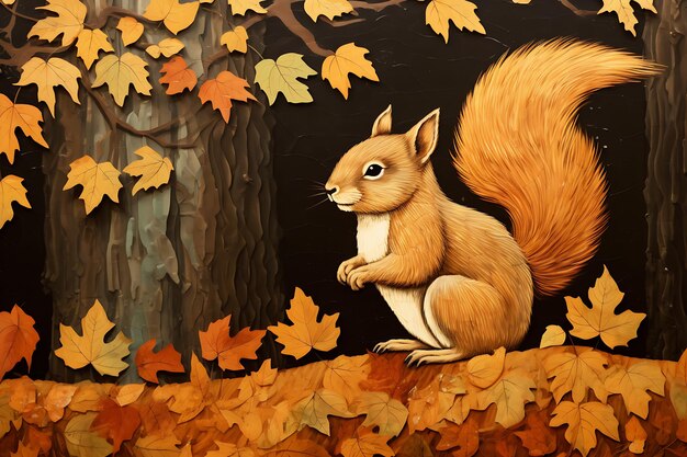 Pittura di uno scoiattolo tra le foglie d'autunno
