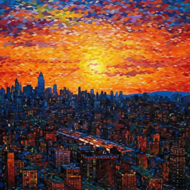 pittura di uno skyline della città con un tramonto sullo sfondo generativo ai