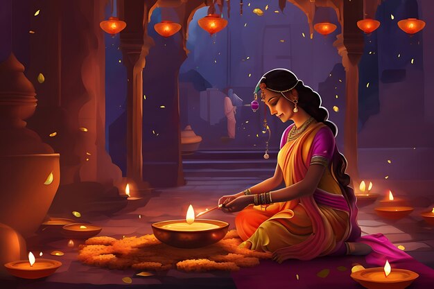 Pittura digitale a tema Diwali con un occhio attento alla forma e alla messa a fuoco
