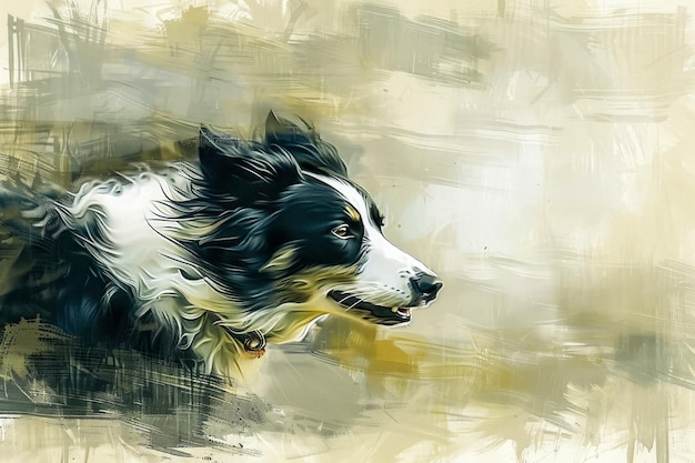 Pittura digitale artistica di Border Collie Dog in azione su sfondo astratto