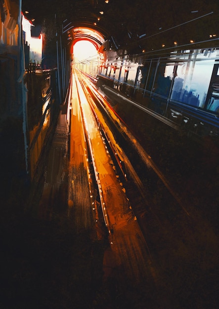 pittura digitale che mostra la stazione ferroviaria con il tramonto