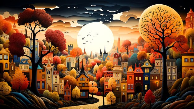 Pittura digitale che raffigura abilmente l'incantevole fascino di un'accogliente città autunnale