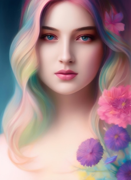 Pittura digitale colorata del ritratto di una bella donna con fiori