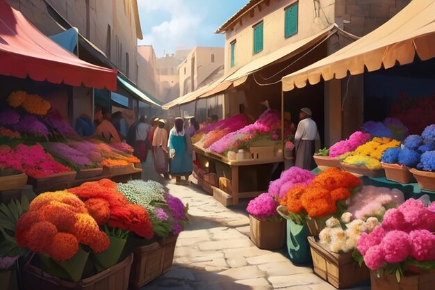 Pittura digitale con fiori di cockscomb in un mercato affollato