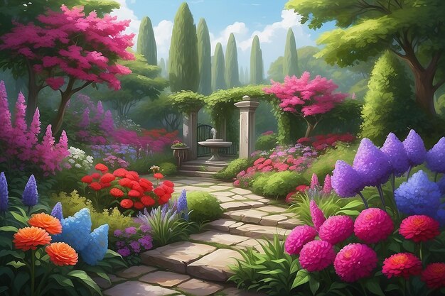 Pittura digitale del giardino tranquillo con fiori di nido di gallo