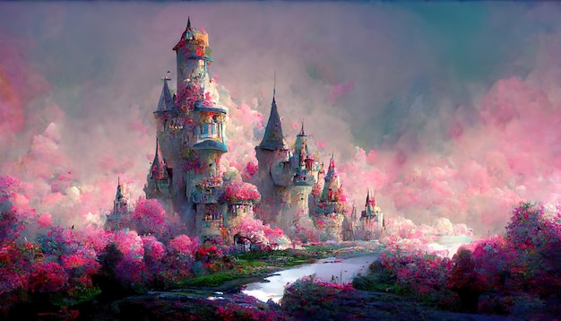 Pittura digitale del regno di fantasia rosa del fiore che sboccia