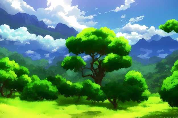 Pittura digitale dell'illustrazione della scena del paesaggio con il cielo blu dei prati delle montagne delle montagne del verde