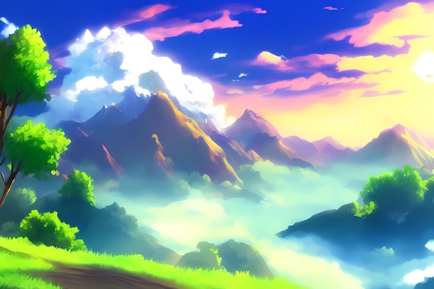Pittura digitale dell'illustrazione della scena del paesaggio con il cielo blu dei prati delle montagne delle montagne del verde