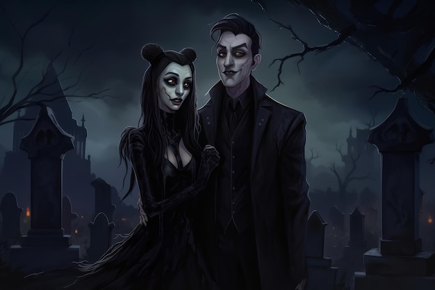 Pittura digitale di due vampiri gotici in un cimitero con un castello infestato sullo sfondo illustrazione fantasy IA generativa