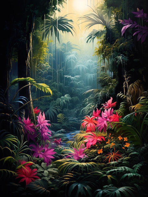Pittura digitale di foresta tropicale, giungla scura, foresta pluviale, alberi e fiori sullo sfondo