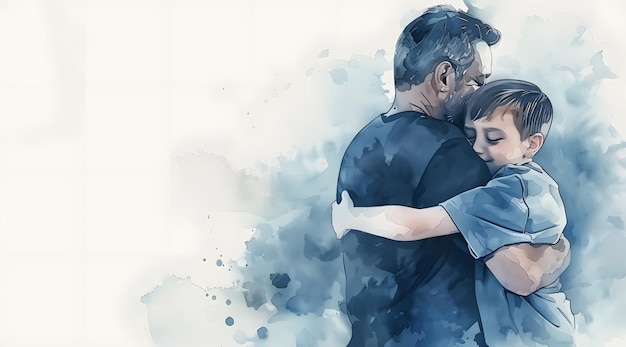 Pittura digitale di padre e figlio che si abbracciano davanti a uno sfondo bianco abbraccio di conforto una rappresentazione ad acquerello