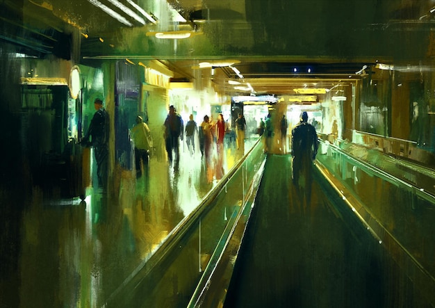 pittura digitale di persone che camminano nel terminal