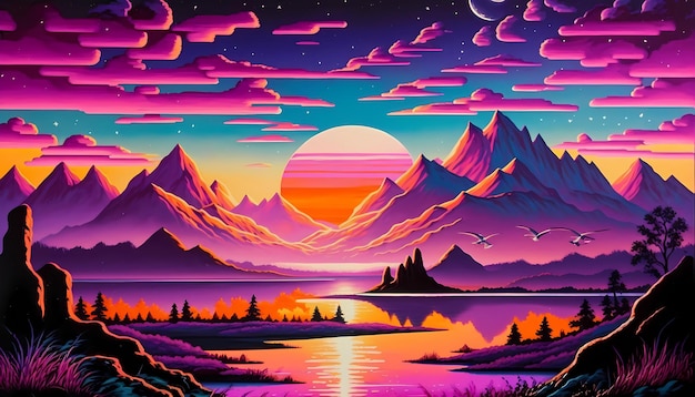 pittura digitale di synthwave retrowave paesaggio tramonto vaporwave