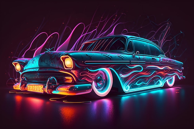 Pittura digitale di un'auto con luci al neon
