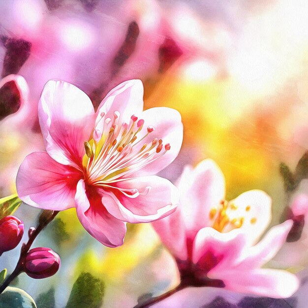 Pittura digitale di un fiore di ciliegio rosa macro acquerello AI