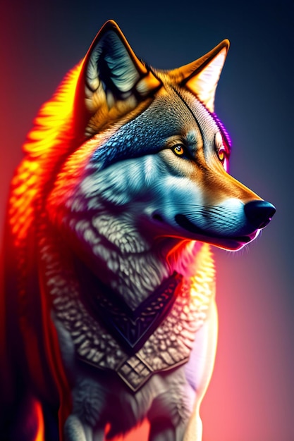 Pittura digitale di un lupo con rose sullo sfondo illustrazione 3D