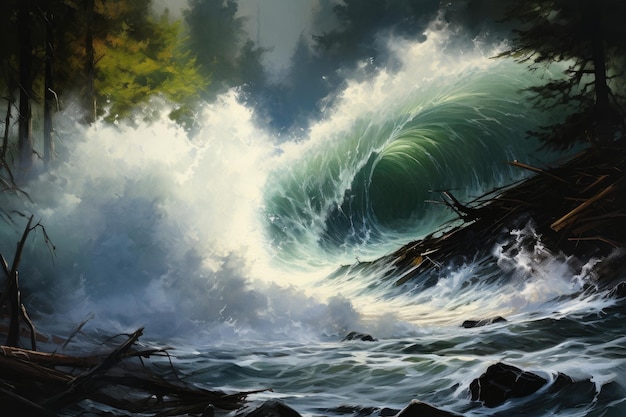 Pittura digitale di un'onda oceanica tempestosa che si infrange sulle rocce pittura impressionista di un'onda di marea e un bosco che si scontrano nella natura Generato dall'intelligenza artificiale