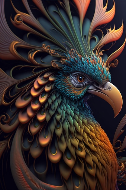 Pittura digitale di un uccello colorato su uno sfondo nero ai generativo
