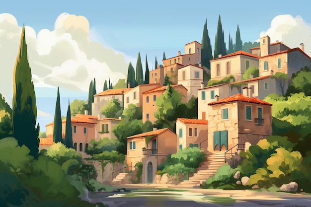 Pittura digitale di un villaggio con una strada e alberi in primo piano.