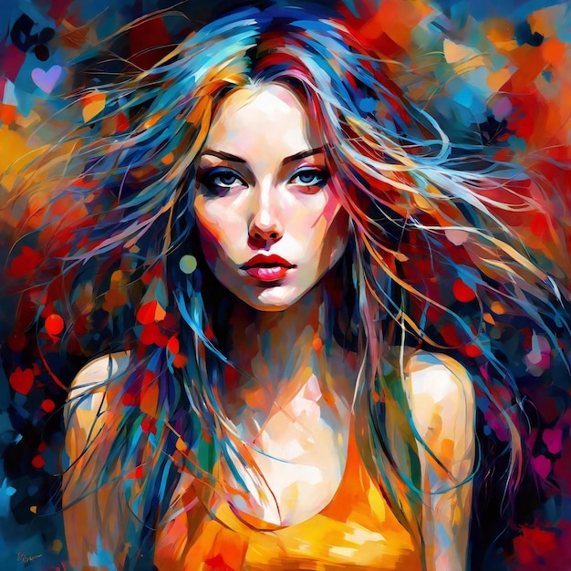 Pittura digitale di una bella donna con i capelli multicolori