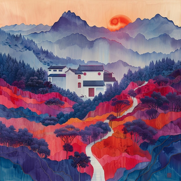 Pittura digitale di una casa cinese nelle montagne al tramonto