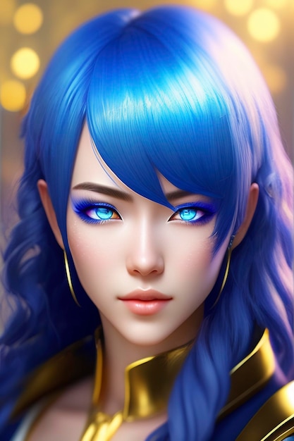 Pittura digitale di una donna con occhi azzurri e capelli blu
