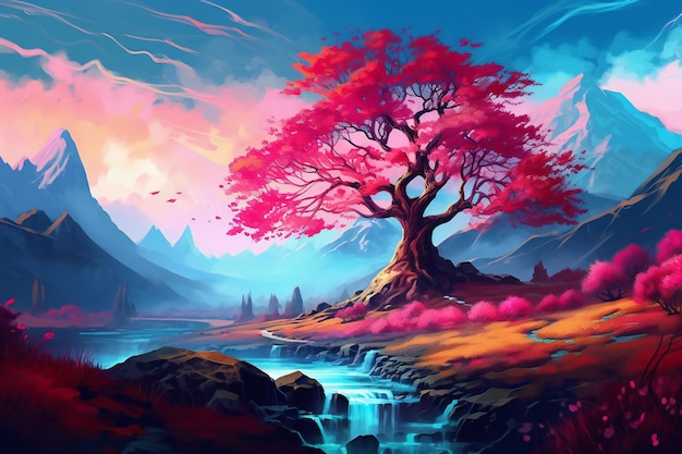 Pittura digitale di una montagna con lago e alberi sullo sfondo