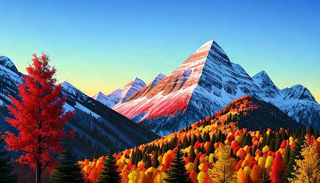 Pittura digitale di una montagna con un albero colorato in primo piano