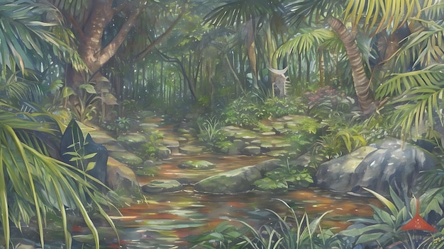 Pittura digitale di una scena della giungla tropicale Illustrazione botanica ad acquerello