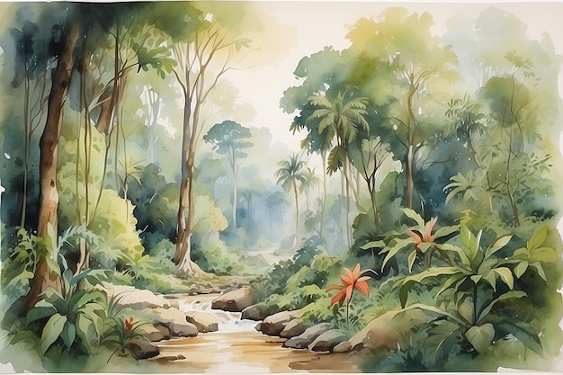 Pittura digitale di una scena di giungla tropicale Illustrazione botanica ad acquerello Paesaggio della giungla in