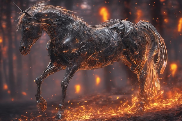 pittura digitale illustrazione 3 d di un unicorno con fiamme e un cavallo