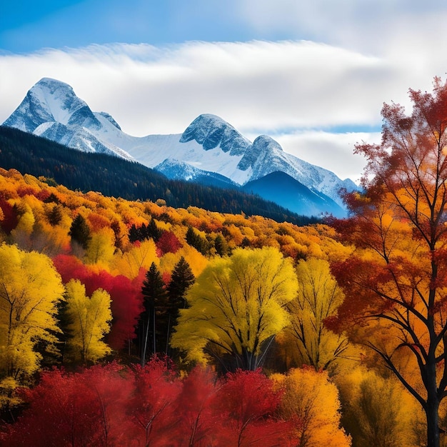 Pittura digitale realistica di una montagna con alberi colorati in primo piano