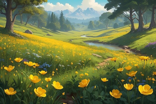 Pittura digitale vibrante di Golden Buttercup Meadow