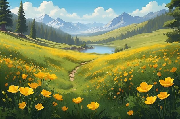 Pittura digitale vibrante di Golden Buttercup Meadow