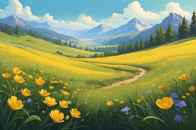 Pittura digitale vibrante di Golden Buttercup Meadow