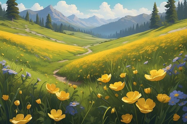 Pittura digitale vibrante di Golden Buttercup Meadow