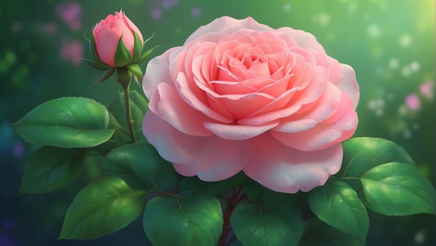 Pittura digitale vibrante e dettagliata di una bella rosa con foglie verdi lussureggianti contro un morbido e