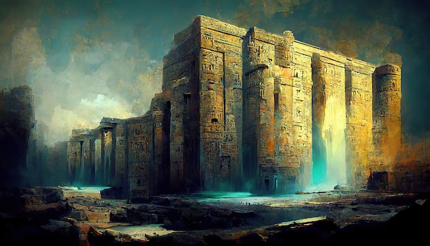 Pittura epica di concept art del tempio di ispirazione egizia