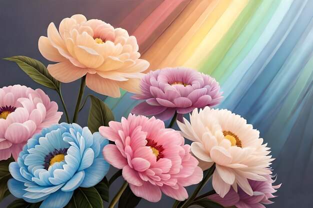 Pittura floreale di peonie color pastello arcobaleno