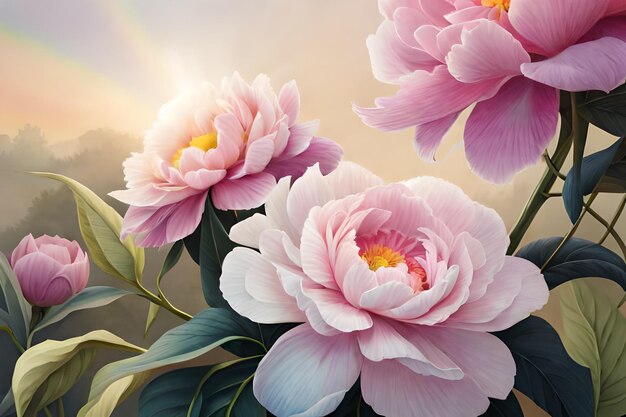 Pittura floreale di peonie color pastello arcobaleno