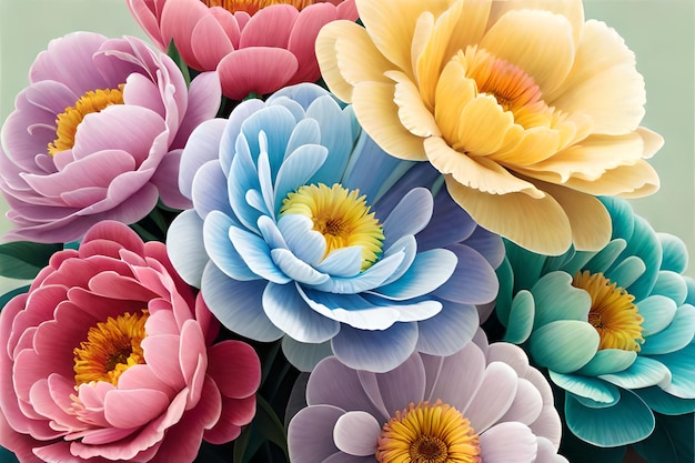 Pittura floreale di peonie color pastello arcobaleno