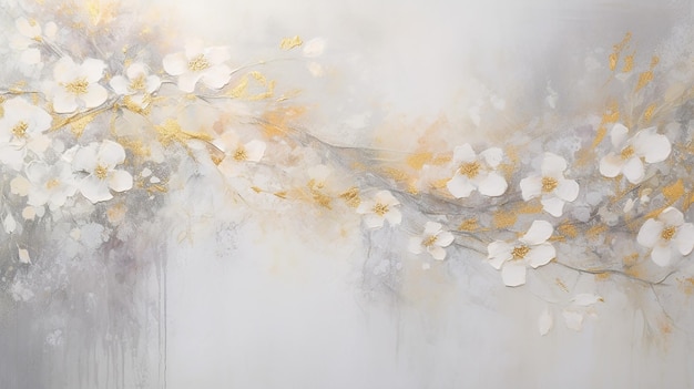 Pittura floreale sullo sfondo orizzontale Colori grigi e bianchi morbidi con luccioli d'oro Tessuta di marmo