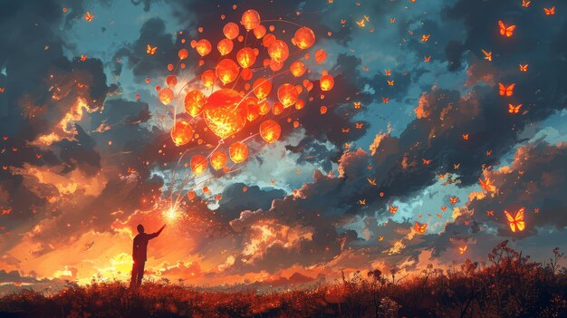 Pittura illustrativa di farfalle volanti e palloncini luminosi nell'aria