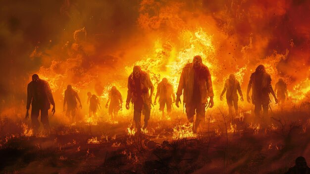 Pittura illustrativa di zombie che camminano tra le fiamme del fuoco