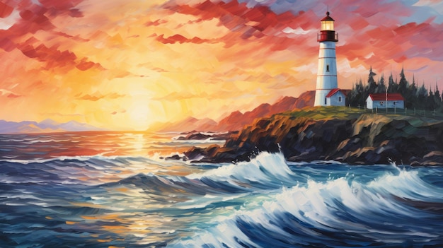 Pittura impressionista del paesaggio costiero con le onde che si infrangono e il tramonto